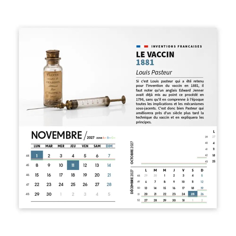 Calendrier chevalet intégral (15x18 cm) personnalisé - Inventions Françaises