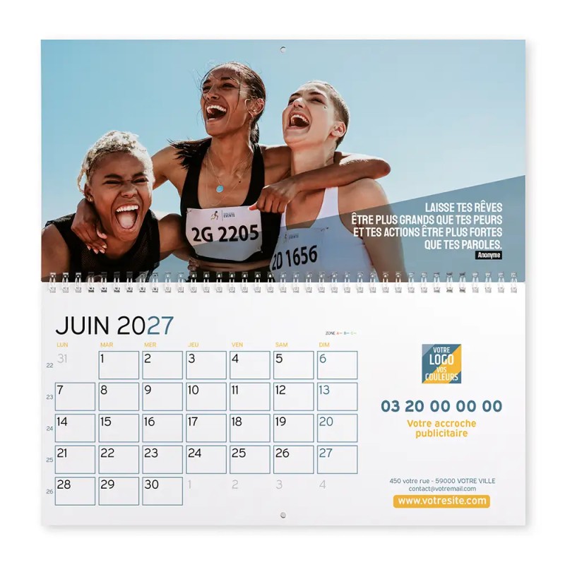 Calendrier mural (33x32 cm) personnalisé - Logo intégré Valeurs du sport