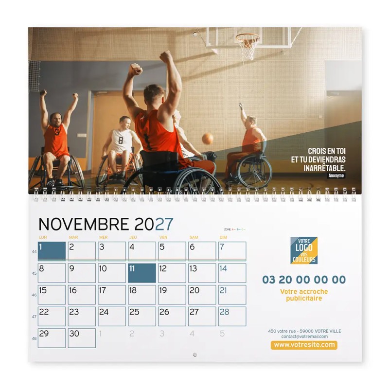 Calendrier mural (33x32 cm) personnalisé - Logo intégré Valeurs du sport