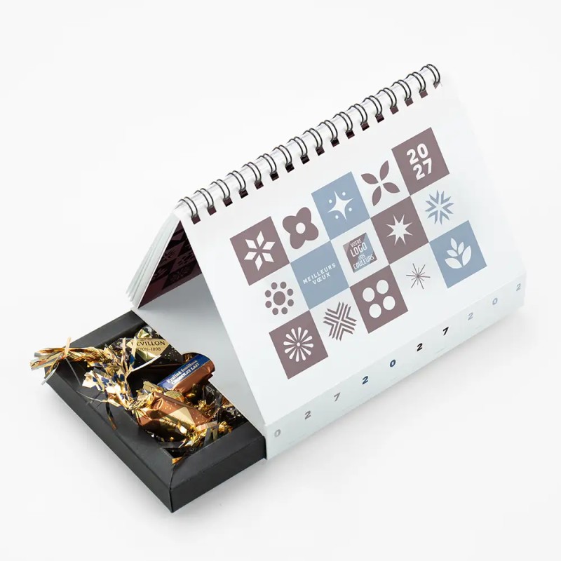 Coffret personnalisé avec calendrier et papillotes de chocolat - Calcao Patchwork