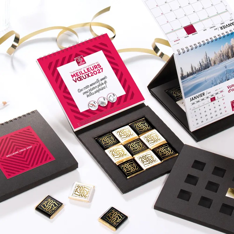 Coffret Calendrier chocolats personnalisé - Carré noir CHEVRONS