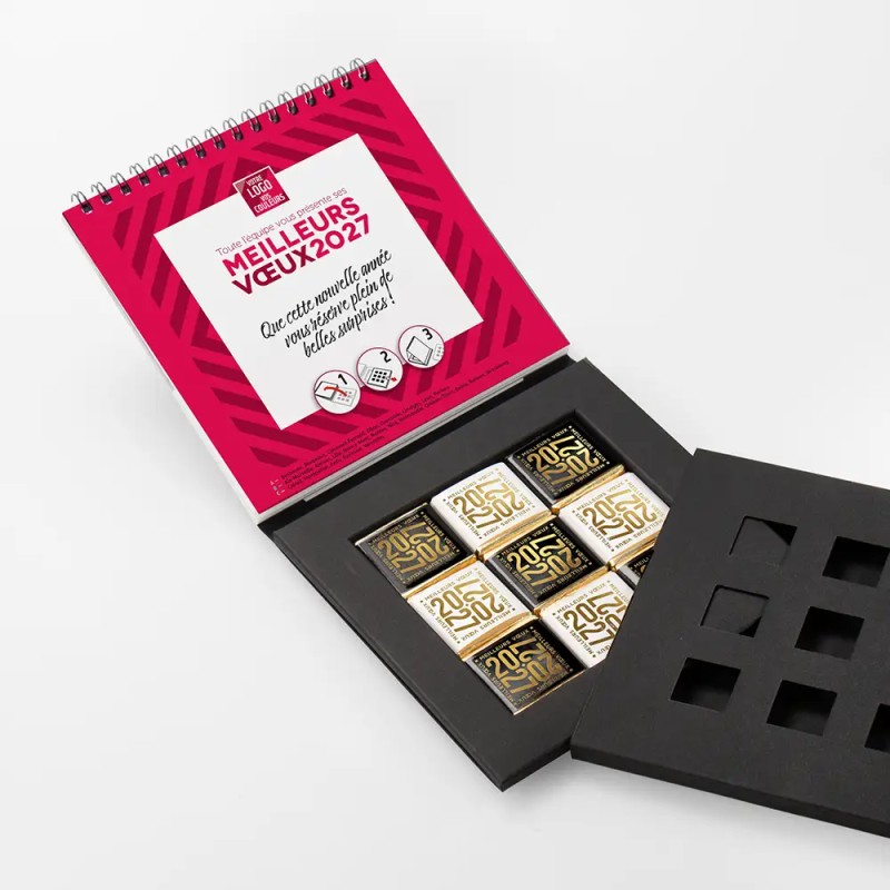 Coffret Calendrier chocolats personnalisé - Carré noir CHEVRONS