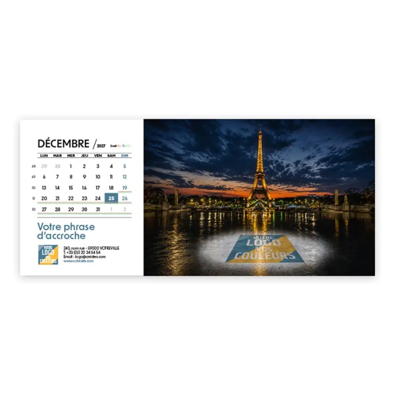 Calendrier chevalet horizontal (23x10 cm) personnalisé - Logo intégré Grandiose