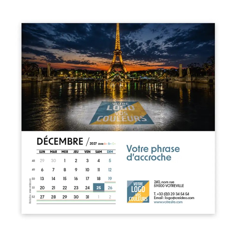 Calendrier chevalet carré (15x15 cm) personnalisé - Logo intégré Grandiose