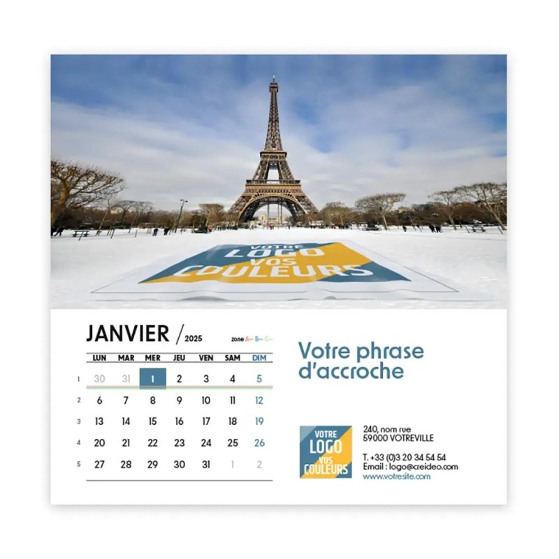 Photo avec logo intégré de janvier du calendrier chevalet carré personnalisé