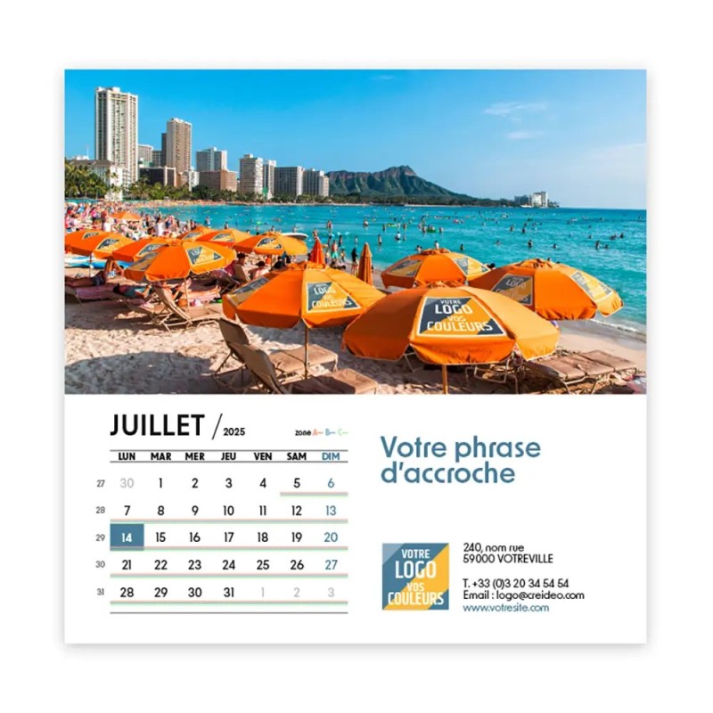 Photo avec logo intégré de juillet du Calendrier chevalet carré personnalisé