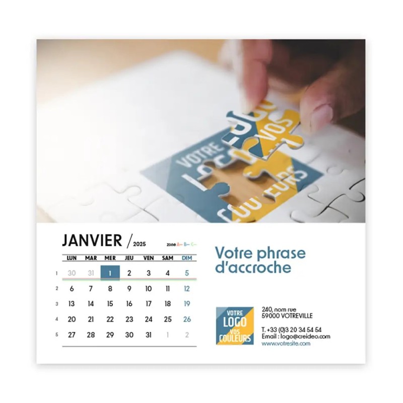 Photo avec logo intégré de janvier du calendrier chevalet carré personnalisé