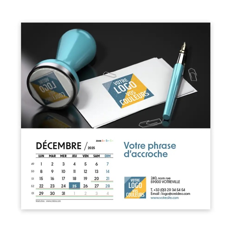 Photo avec logo intégré de décembre du Calendrier chevalet carré personnalisé