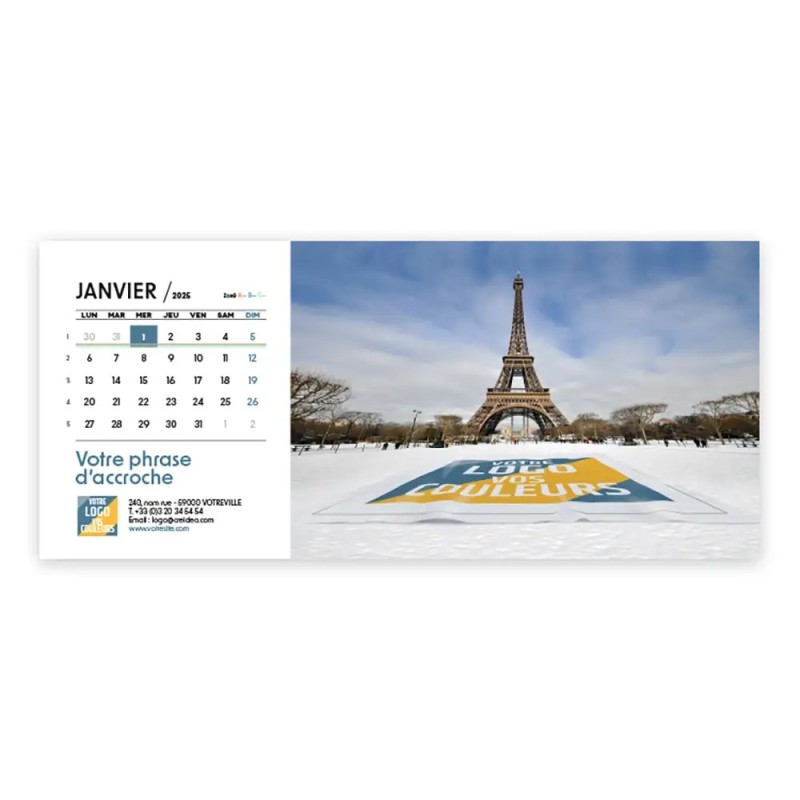 Photo avec logo intégré de janvier du calendrier chevalet horizontal personnalisé