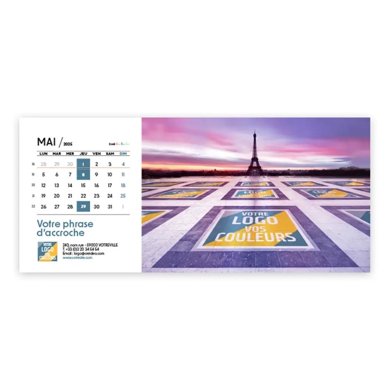 Photo avec logo intégré de mai du Calendrier chevalet horizontal personnalisé