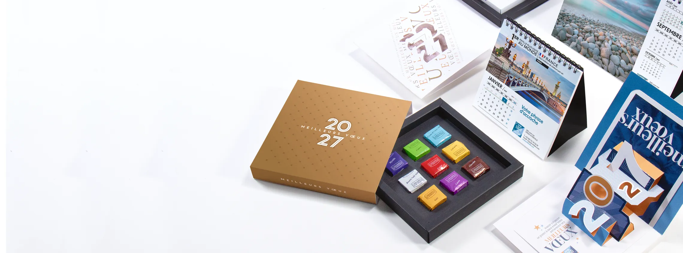 Cartes de vœux, calendriers et coffret de chocolats Créidéo