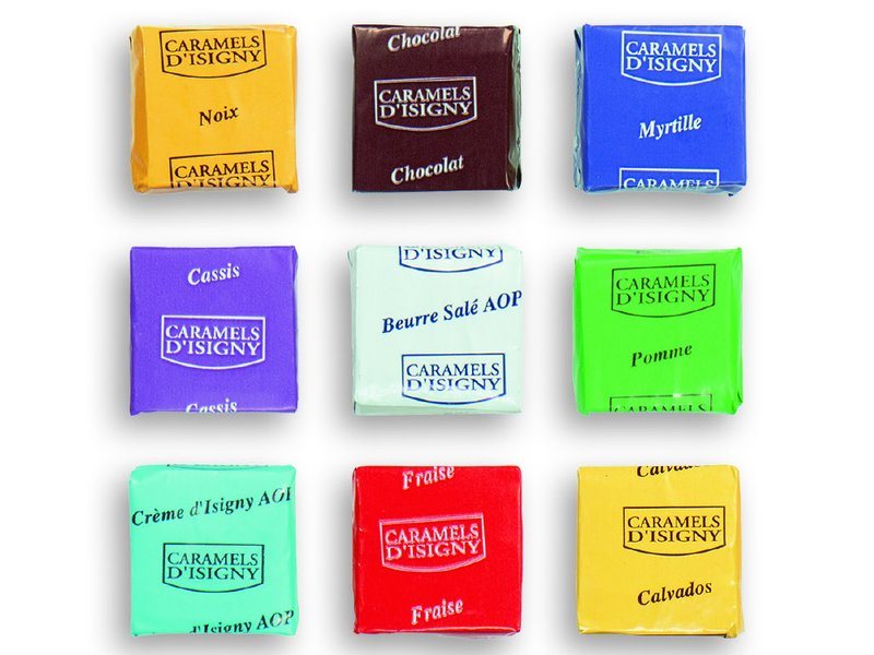 Neuf caramels d’Isigny emballés un par un, aux parfums variés